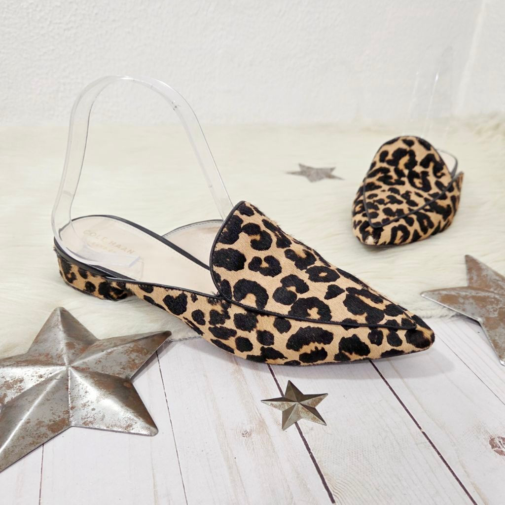 Cole Haan Piper Leopard Print Calf Hair Mules Slip On Women's Size 7.5